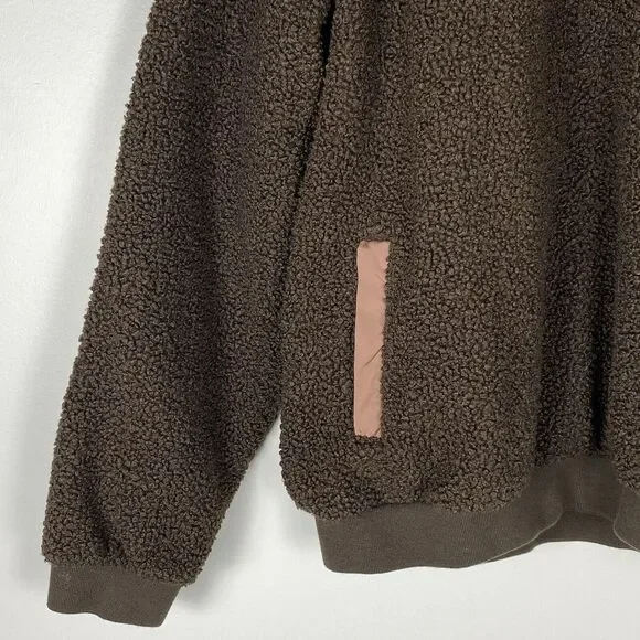 Lands End Mens XL Teddy Sherpa Fleece Snap Pullover Sweater Brown Outerwear - Picture 3 of 8